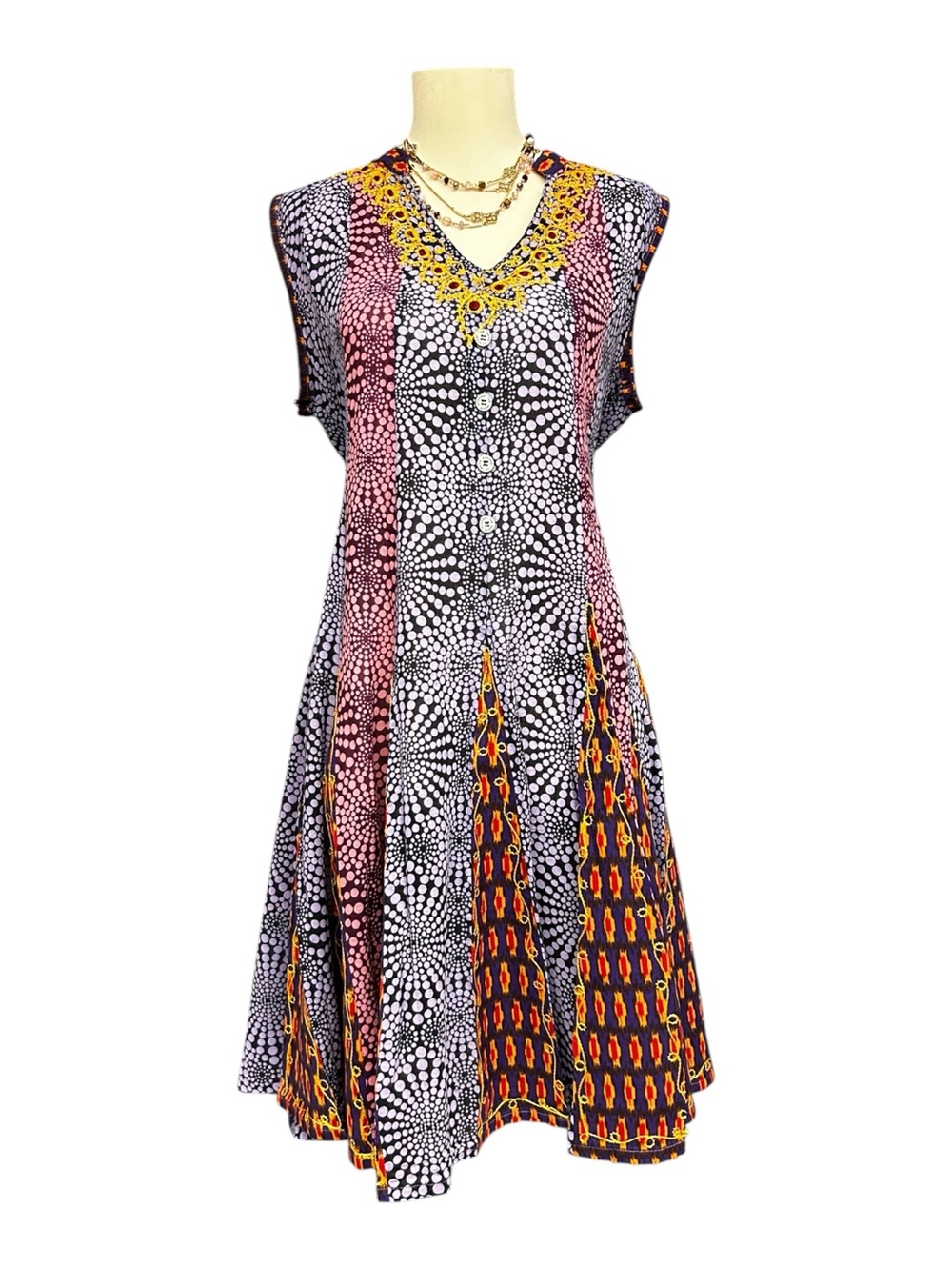 Vintage Y2K Boho Embroidered Midi Dress Medium fit, Ikat Multipattern Print